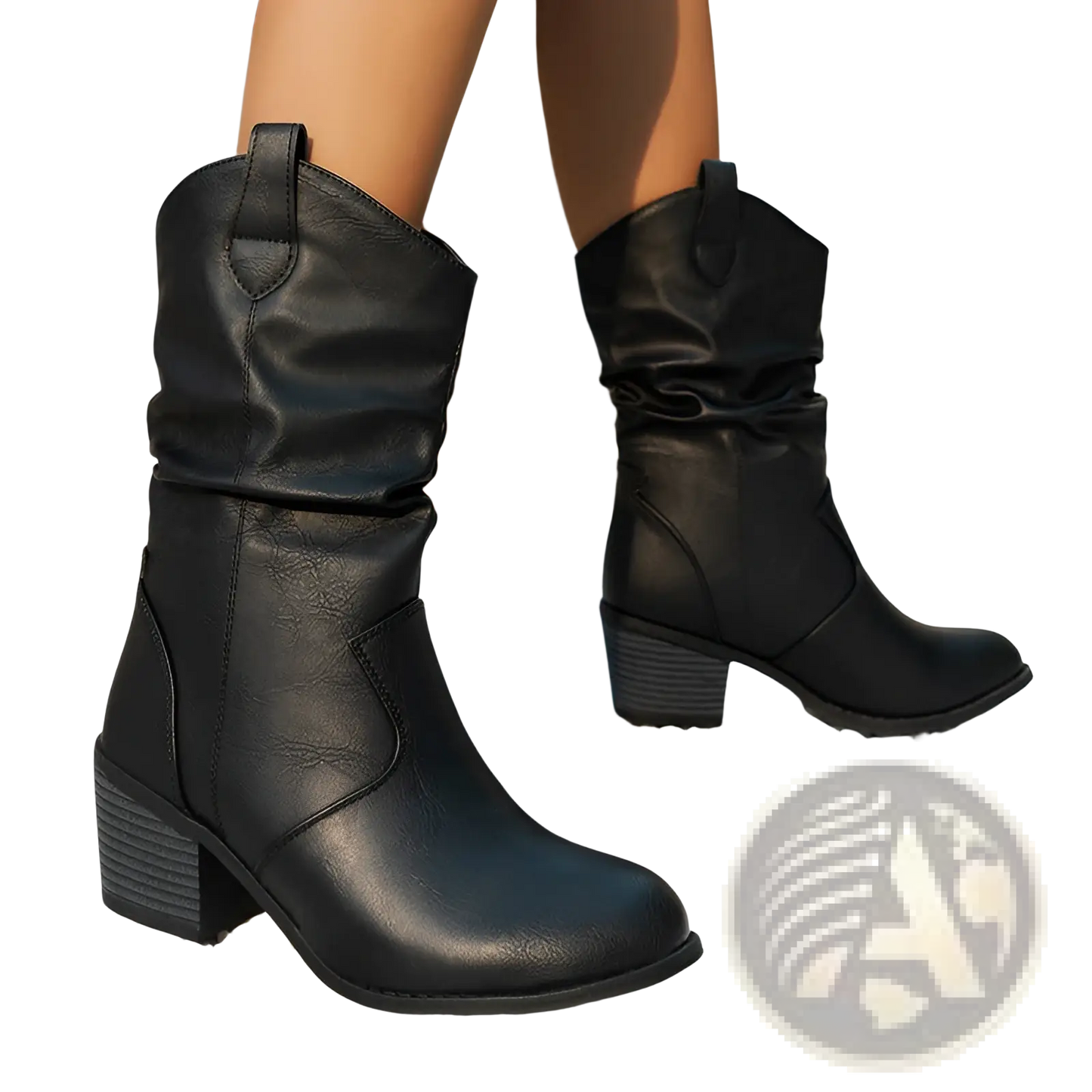 Cowboy Boots for Women Square Heel Mid Calf Pu Leather