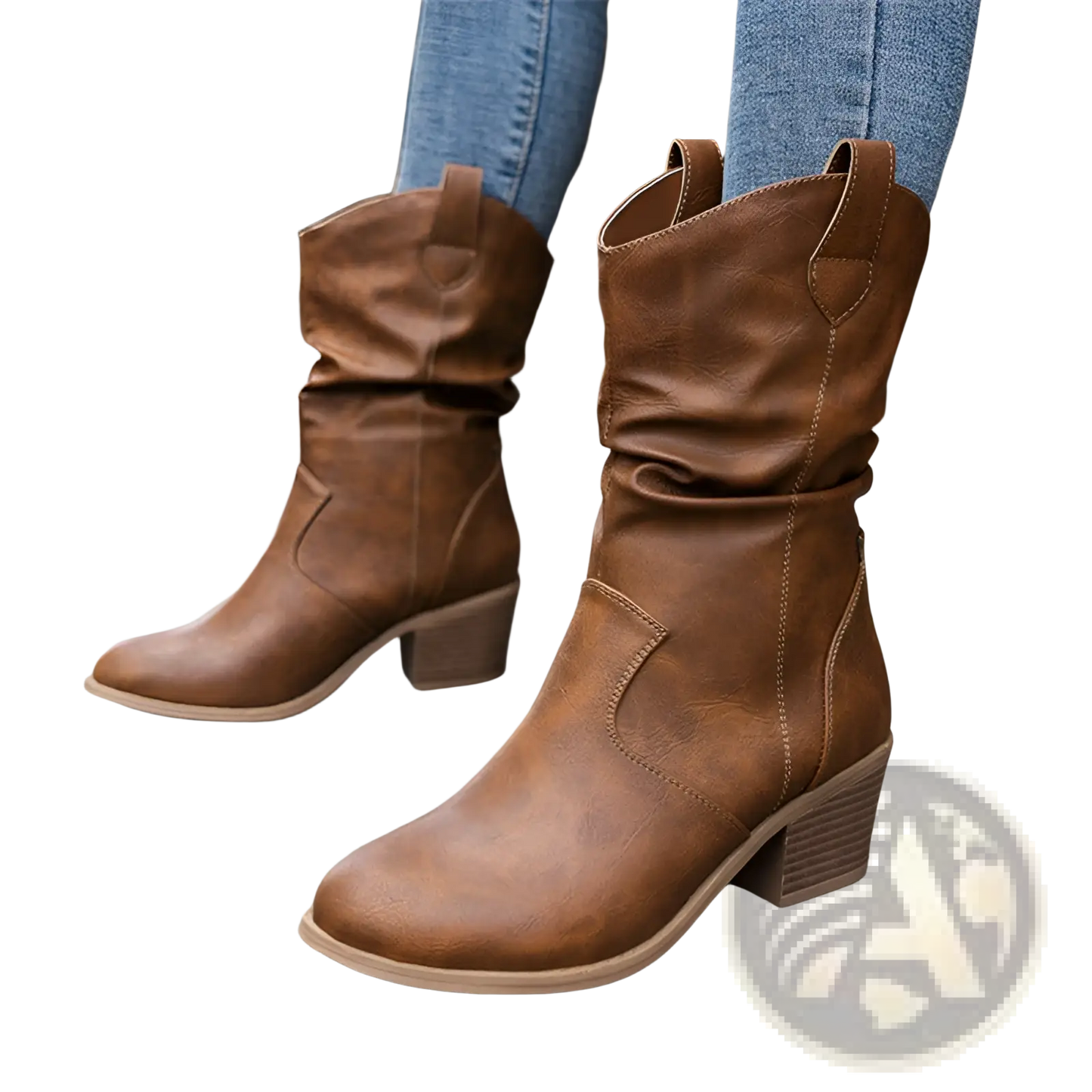 Cowboy Boots for Women Square Heel Mid Calf Pu Leather