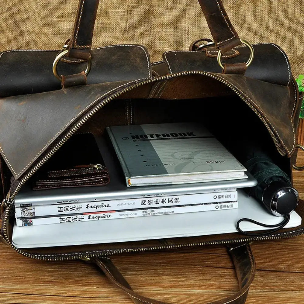 Vintage Crazy Horse Leather Satchel Bag with Brass Hardware