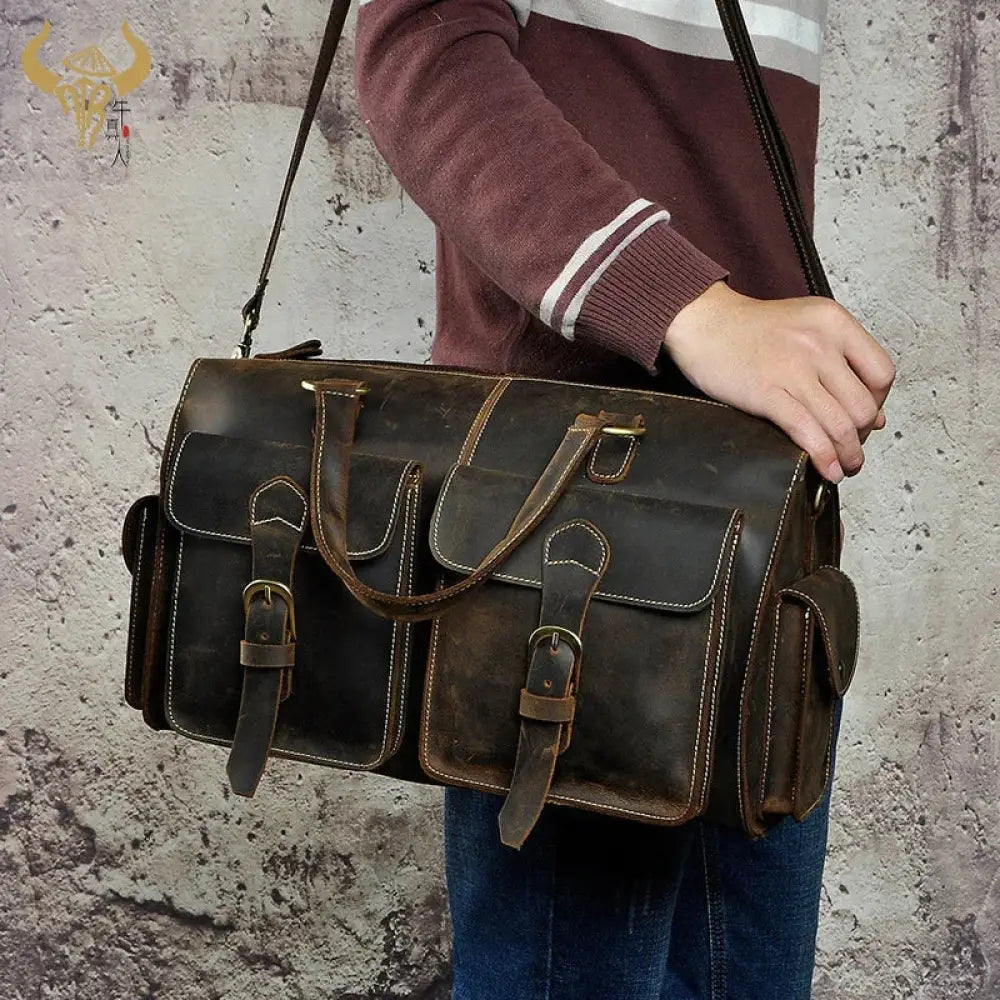 Vintage Crazy Horse Leather Satchel Bag with Brass Hardware