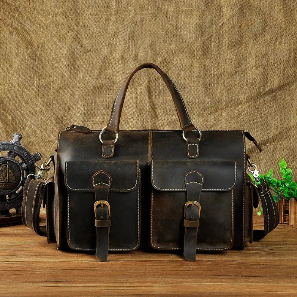 Vintage Crazy Horse Leather Satchel Bag with Brass Hardware