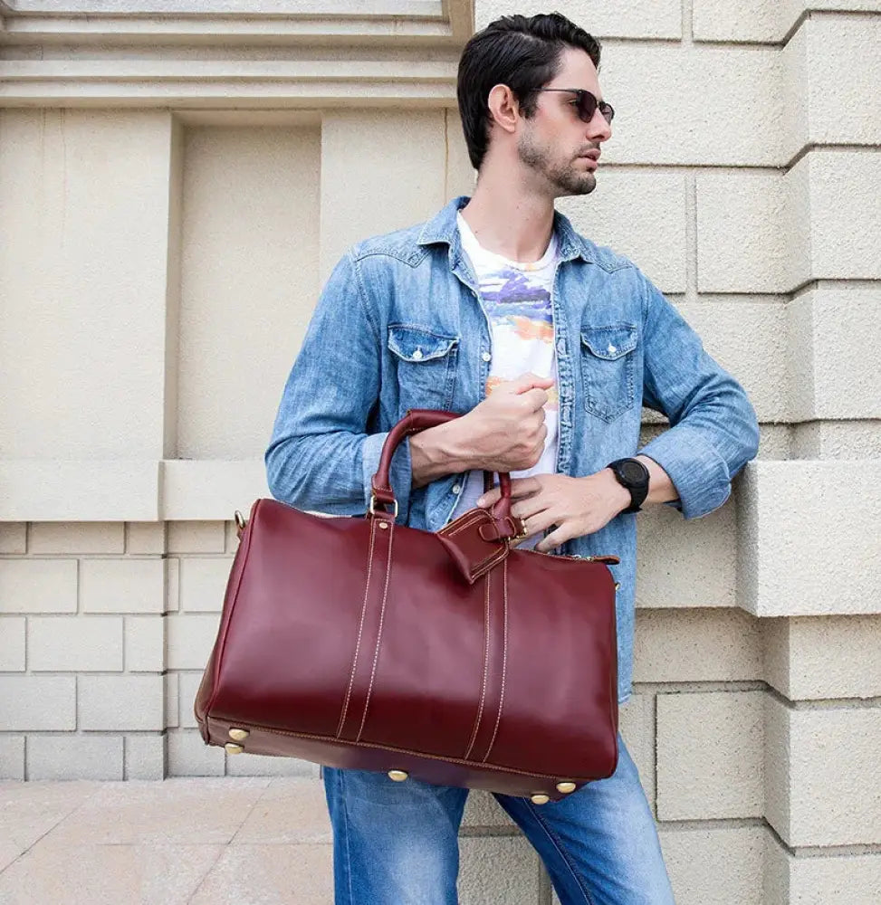 Burgundy Crazy Horse Leather Duffel Tote Bag