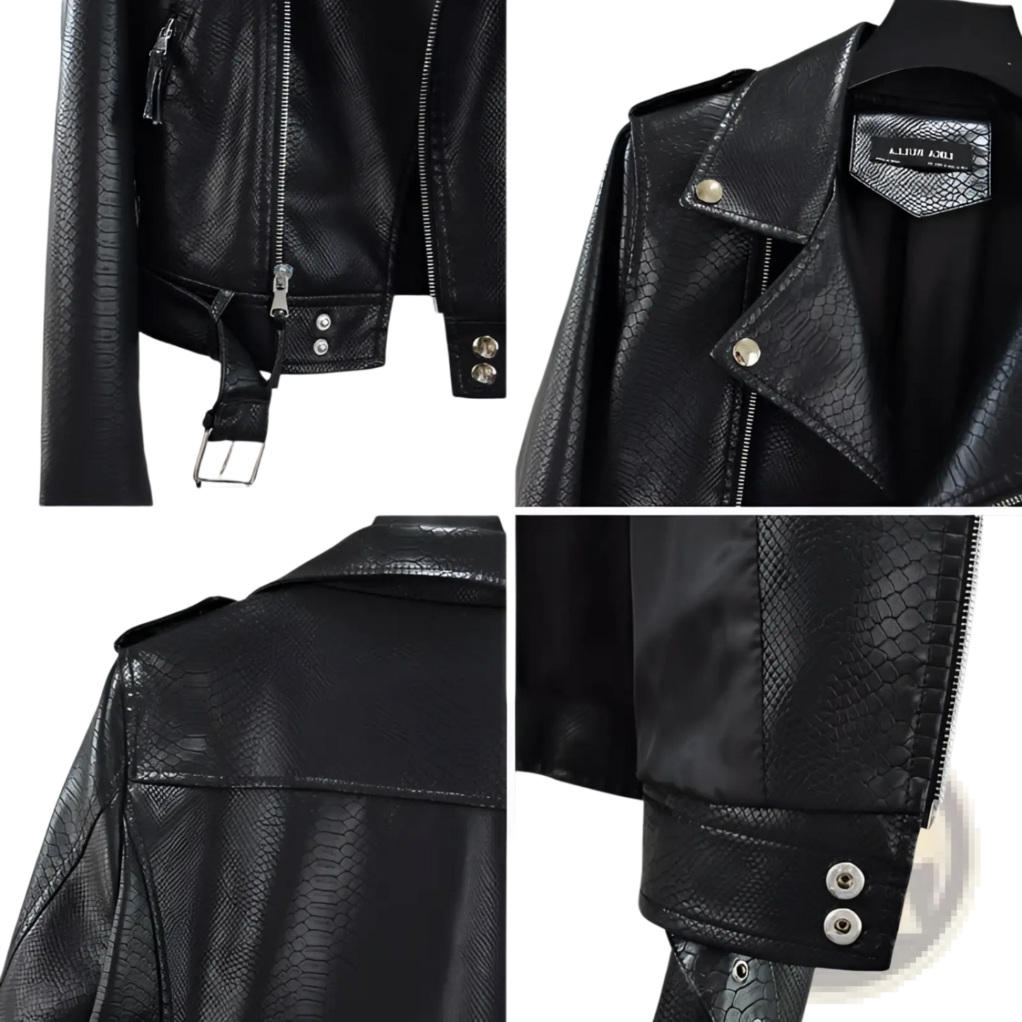 Crocodile Faux Leather Cropped Biker Jacket with Belt