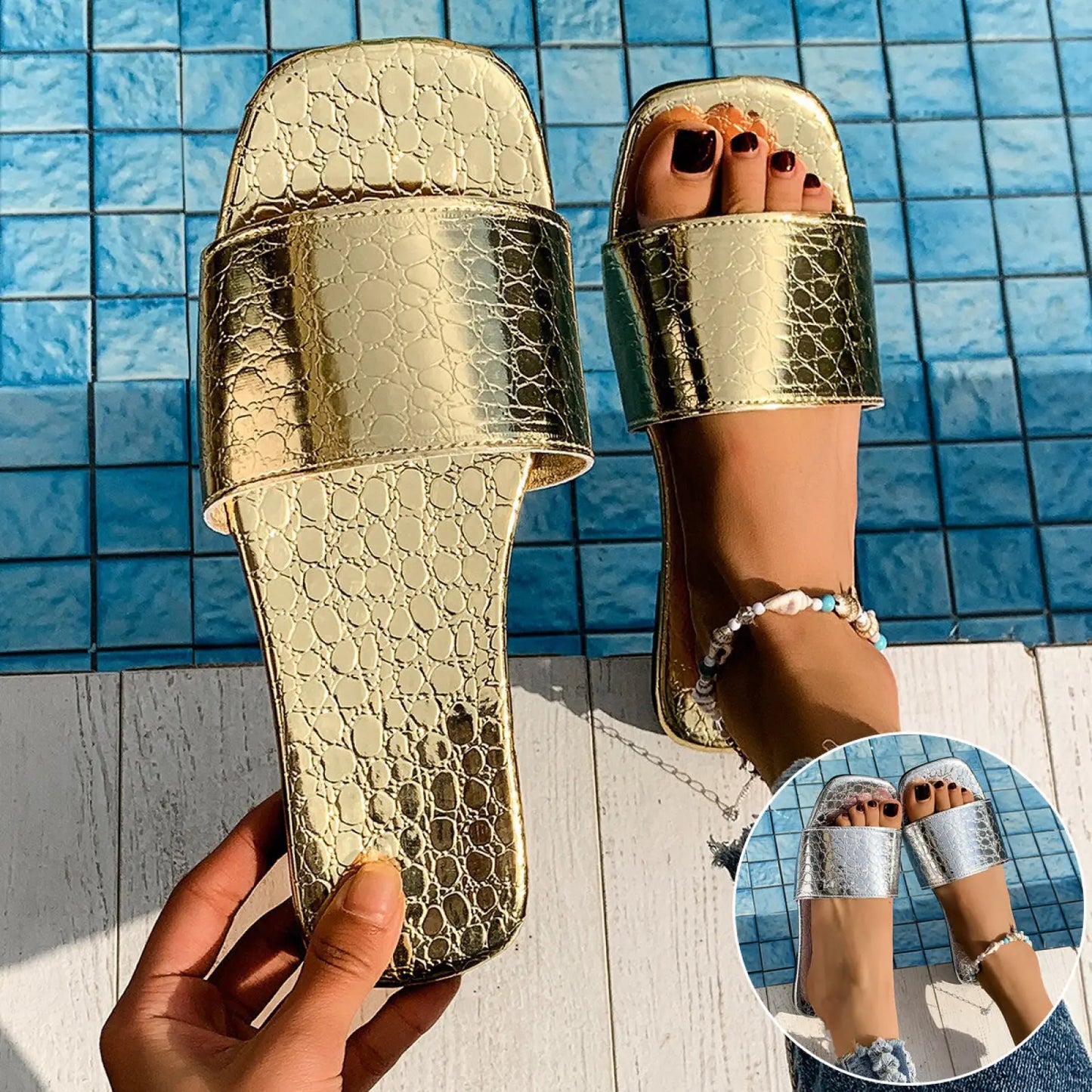 Crocodile Textured Square Toe Flat Beach Sandals