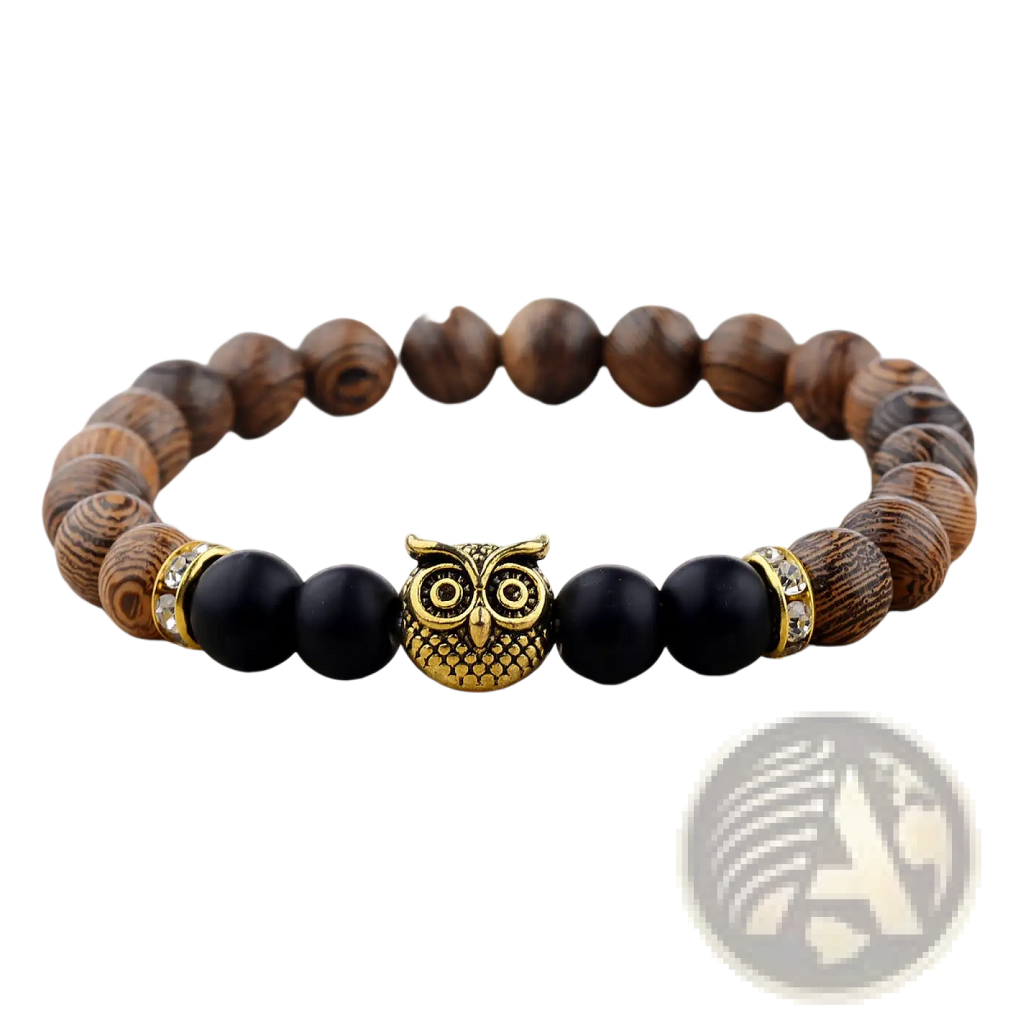 Crystal Owl Charm Wood and Onyx Beaded Bracelet