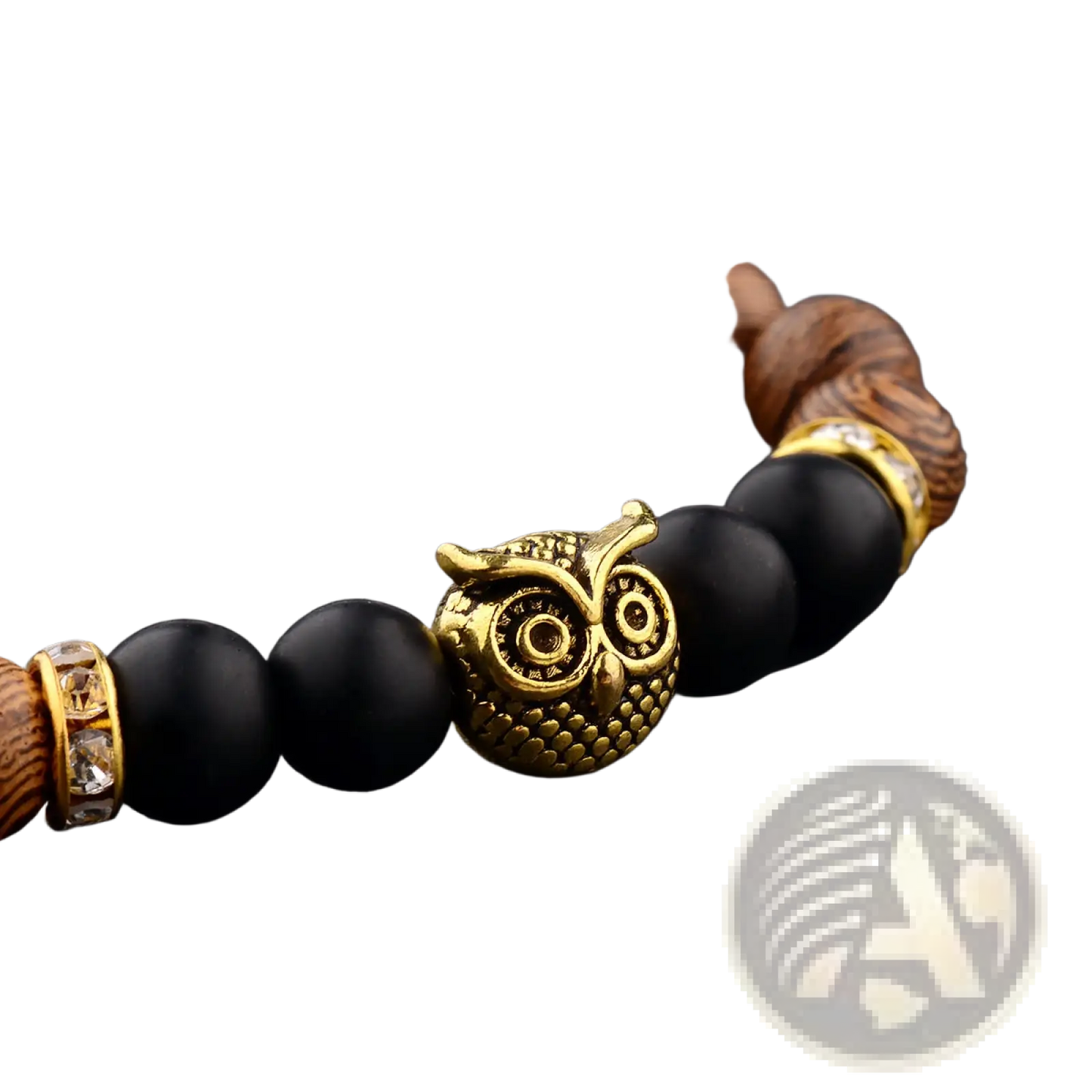 Crystal Owl Charm Wood and Onyx Beaded Bracelet