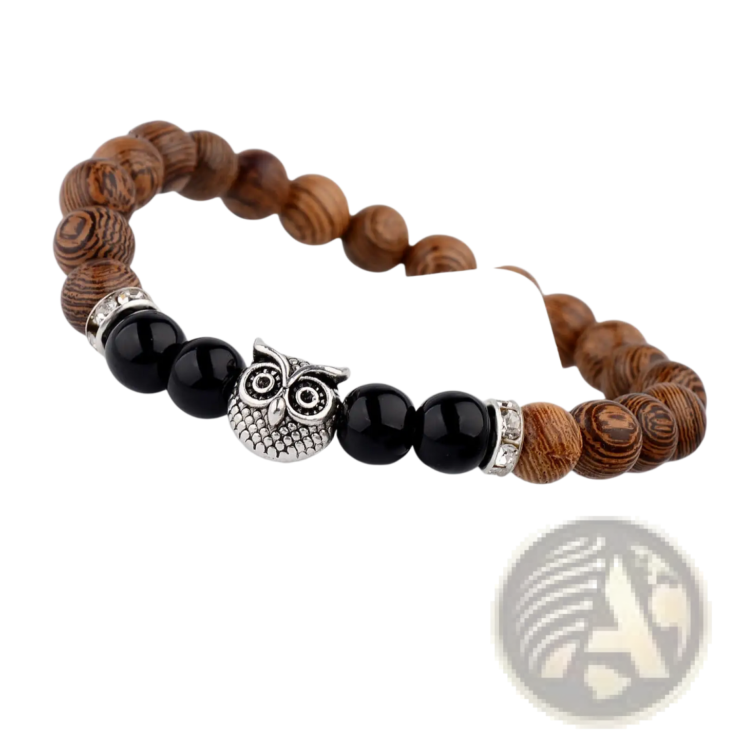 Crystal Owl Charm Wood and Onyx Beaded Bracelet
