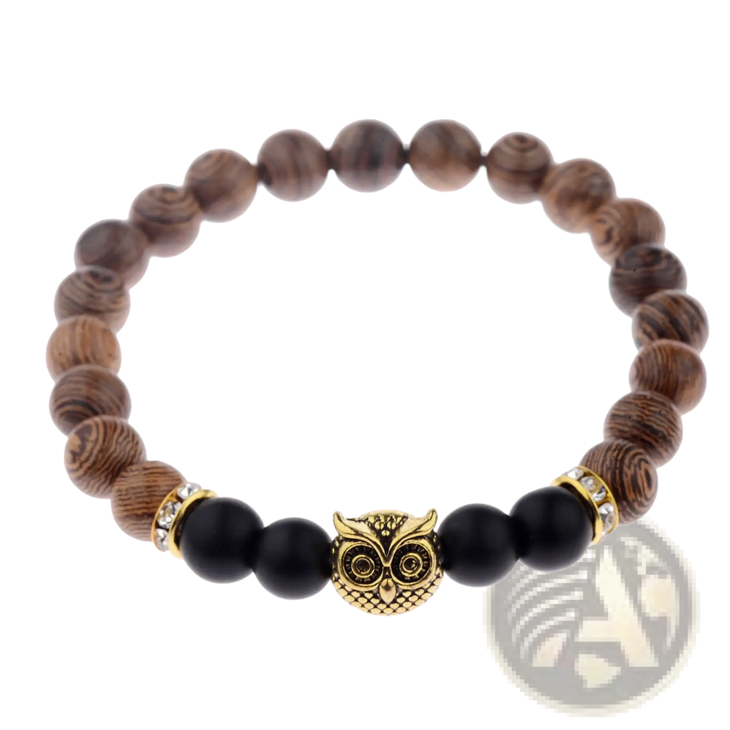 Crystal Owl Charm Wood and Onyx Beaded Bracelet
