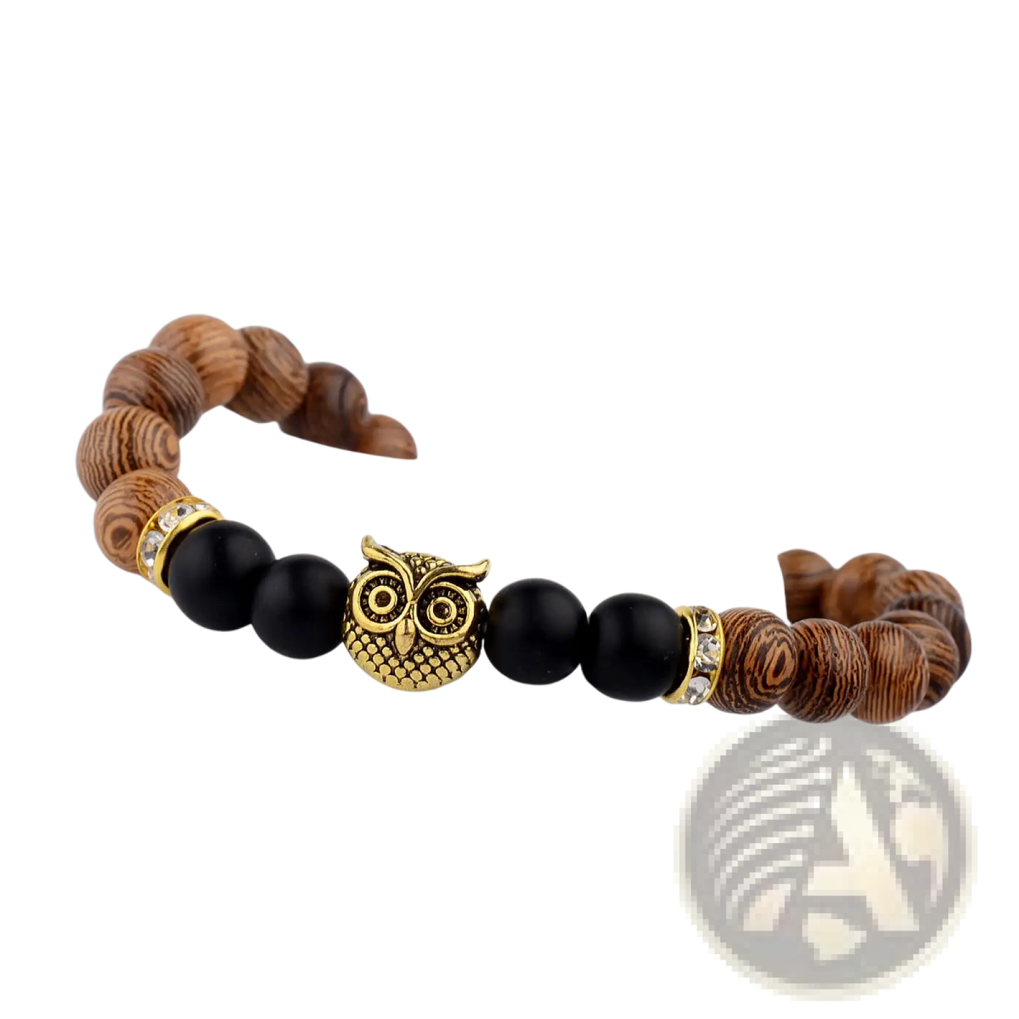 Crystal Owl Charm Wood and Onyx Beaded Bracelet
