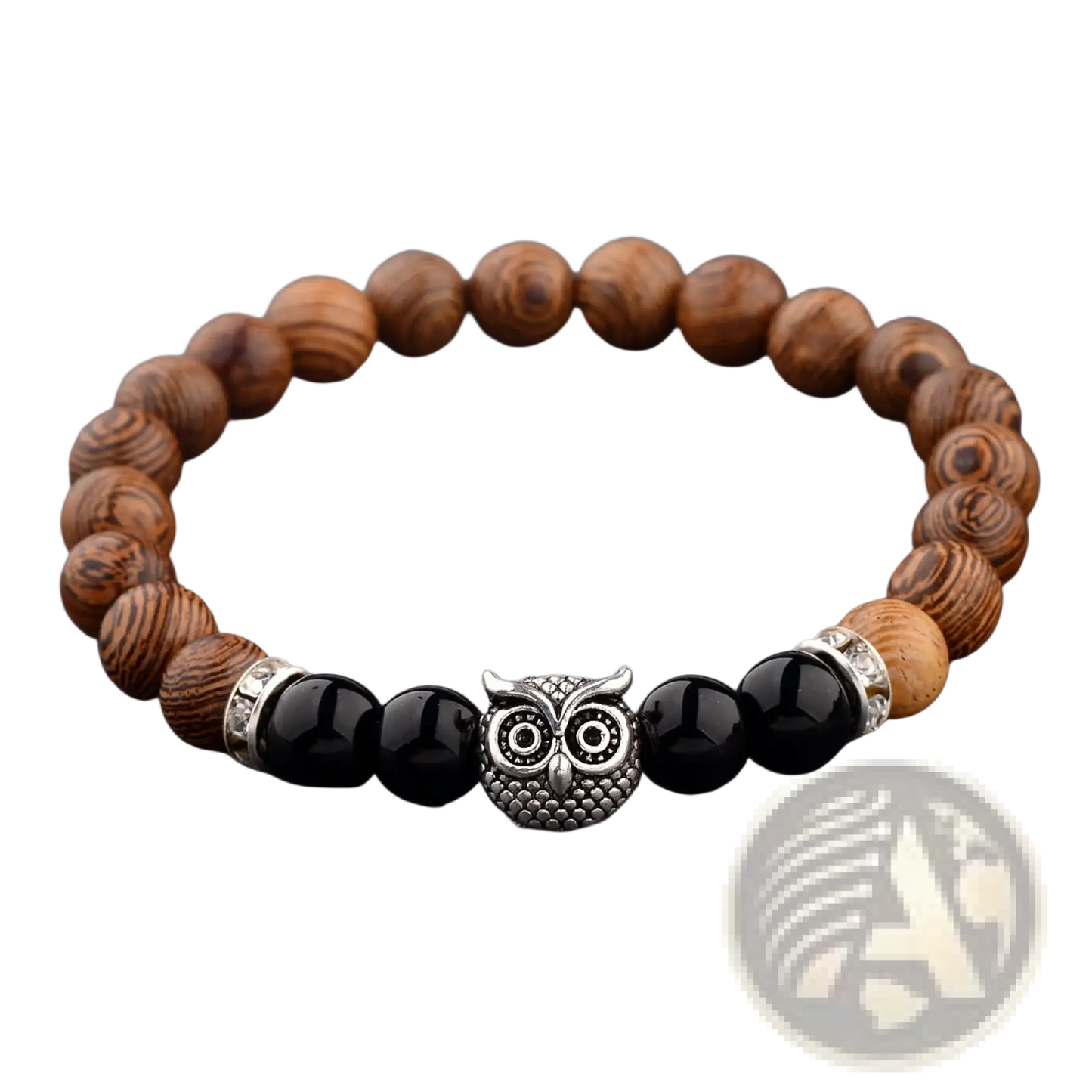 Crystal Owl Charm Wood and Onyx Beaded Bracelet