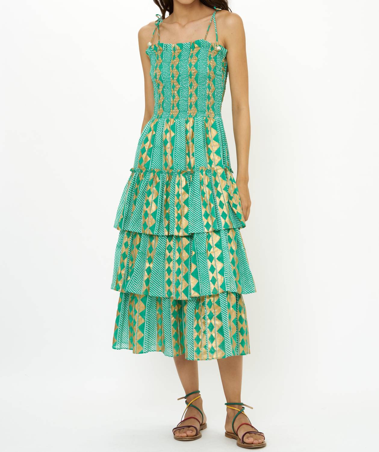 Oliphant - Smocked Tie Strap Ruffle Midi Dress