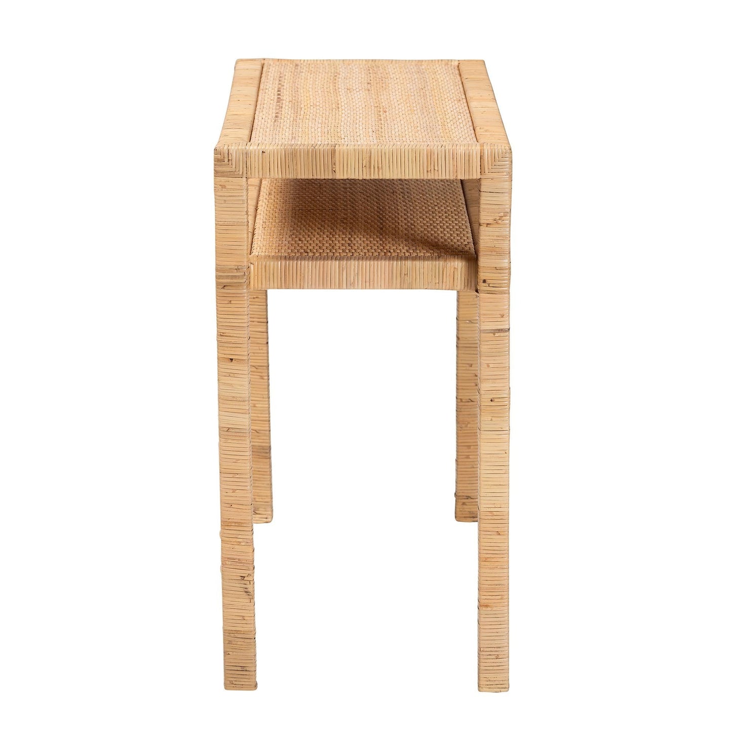 Console Table with One Shelf in Natural Rattan and Wood