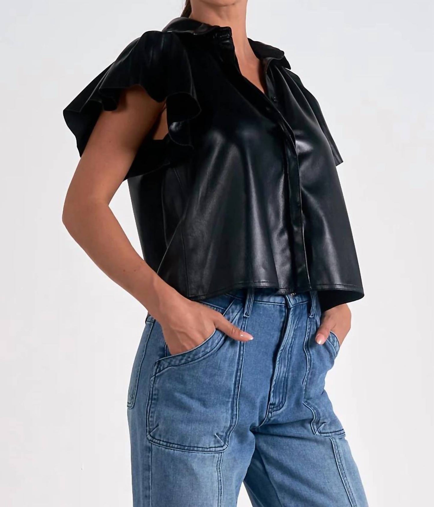 Elan - Flutter Sleeve Vegan Leather Top