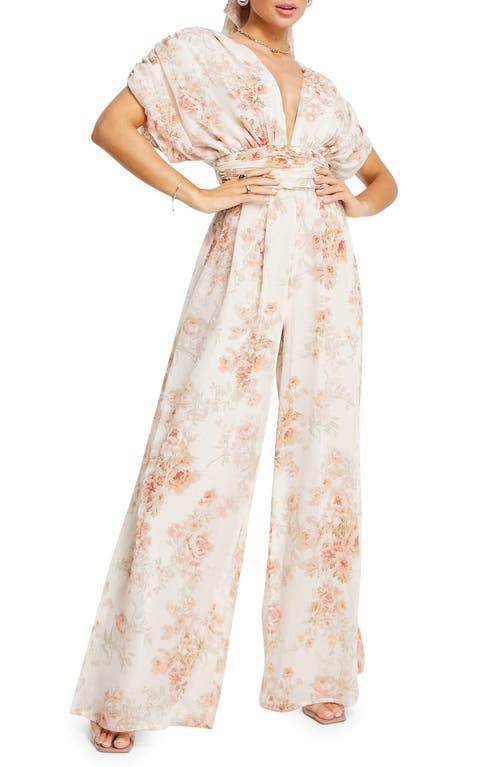 ASOS डिज़ाइन प्लंज नेक वाइड लेग जंपसूट आइवरी मल्टी में, साइज़ 10 यूएस