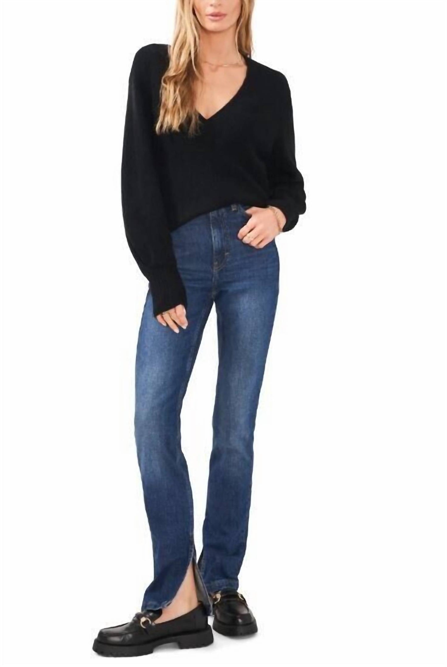 1.State - Women's V Neck Bubble Sleeve Sweater