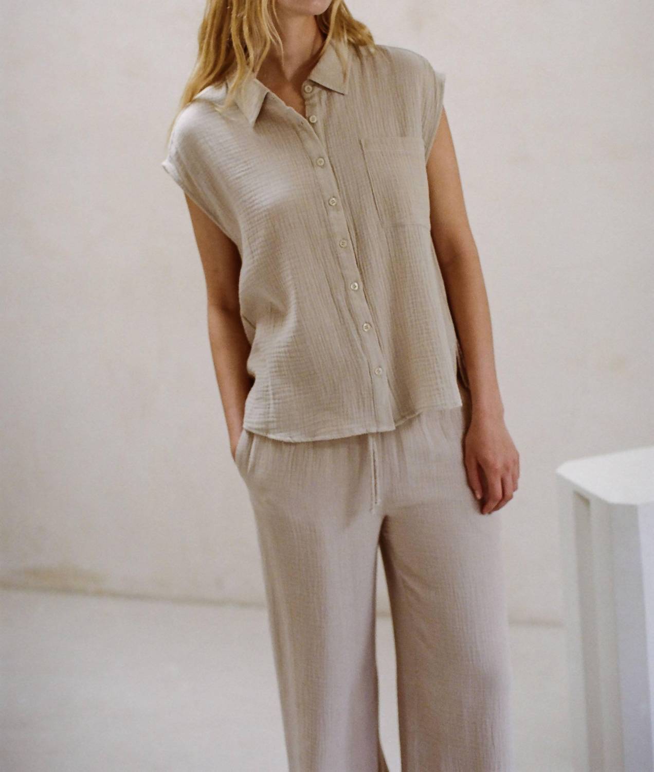 By Together - Gauze Button Down Collar Neck Sleeveless Top