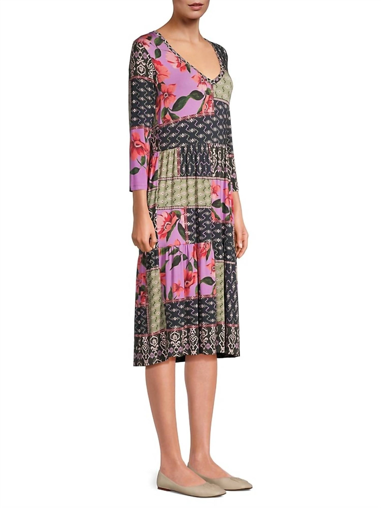 Johnny Was - ZANDA 3/4 SLEEVE TIERED TEA LENGTH DRESS