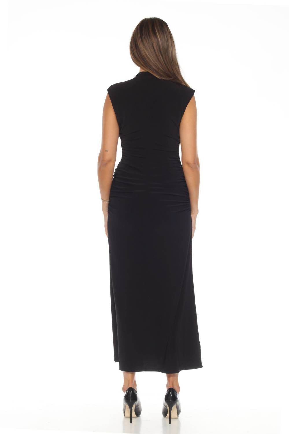 Joseph Ribkoff - Ruched V-neck High Slit Long Dress