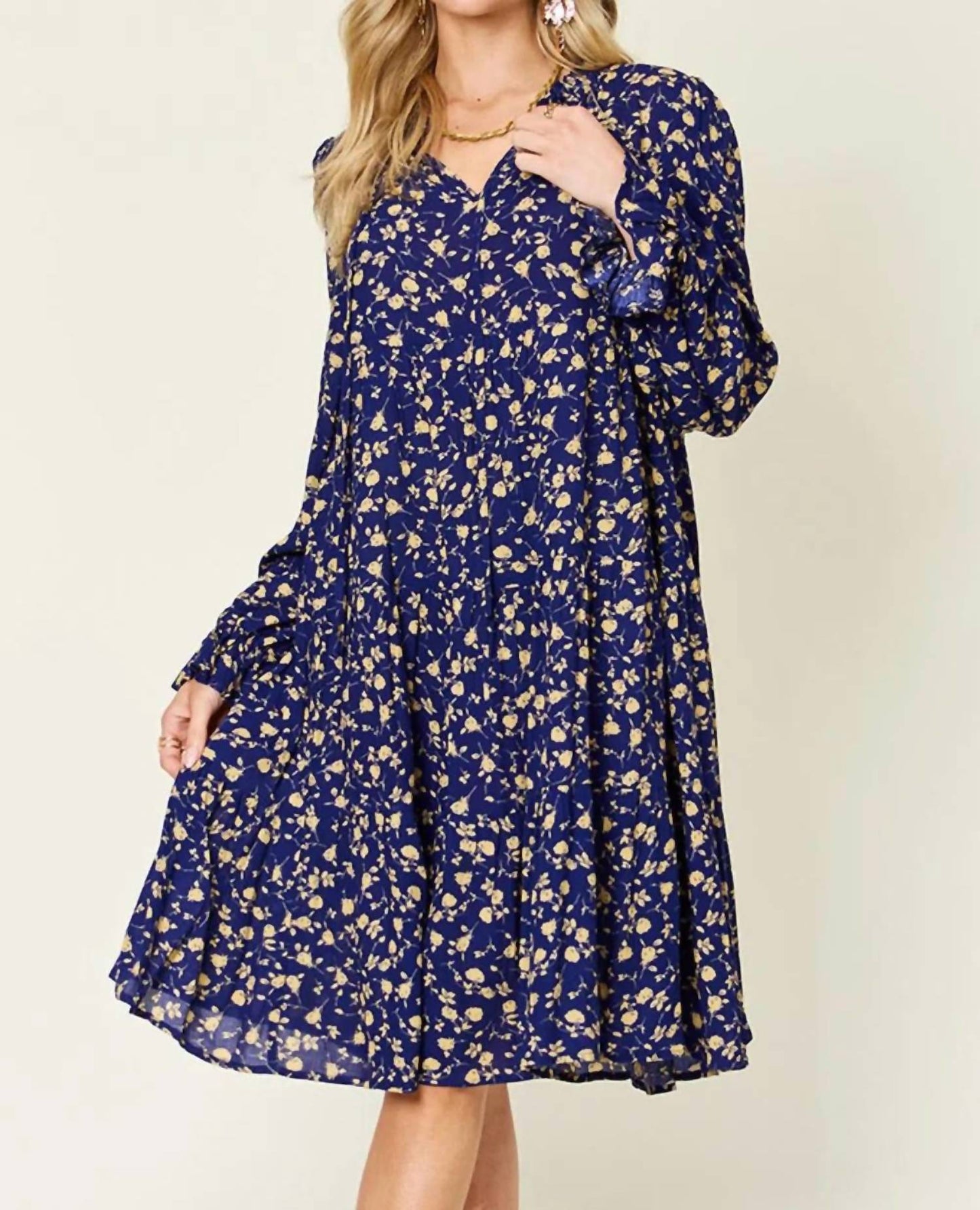 Double Take - Full Size Printed Ruffle Hem Long Sleeve Tiered Dress