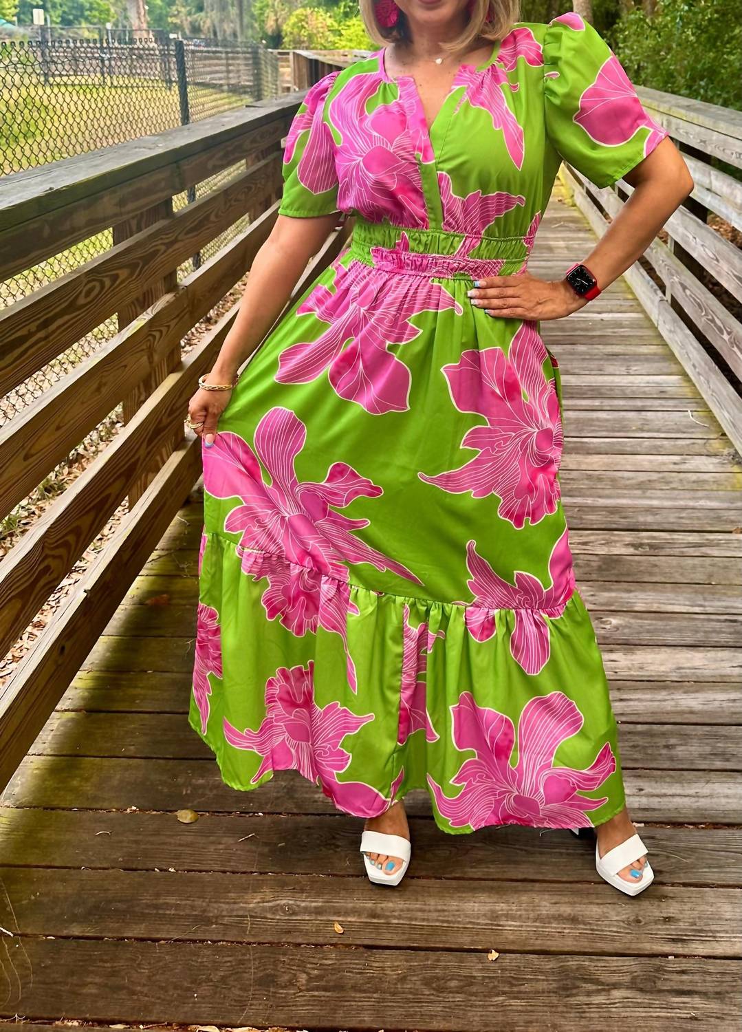 A.Peach - Notched Flared V-neck Maxi Dress