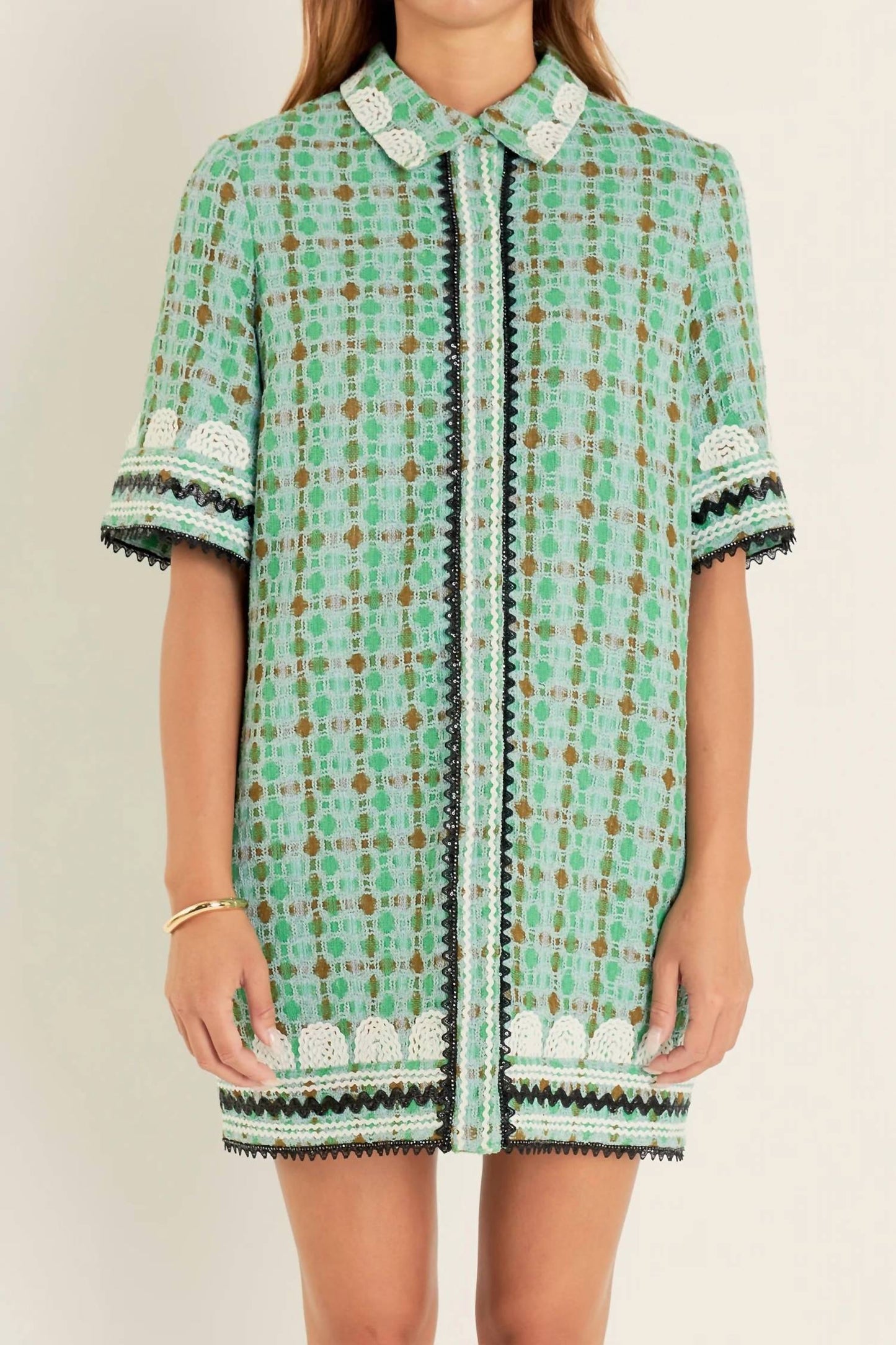 2.7 August Apparel - Boucle Mini Shirt Dress With Ric Rac Trim