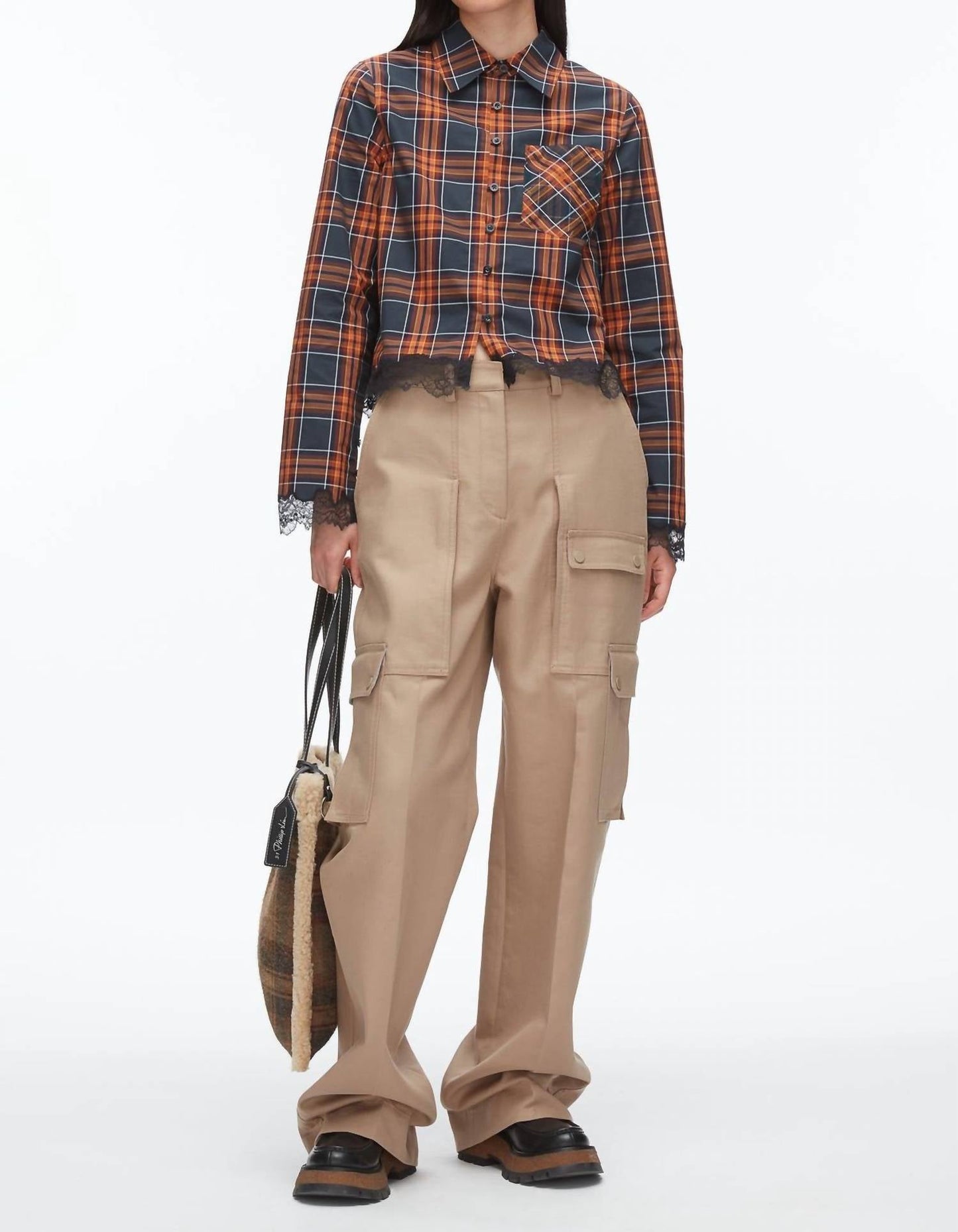 3.1 Phillip Lim - Long Sleeve Cropped Shirt With Lace Hem