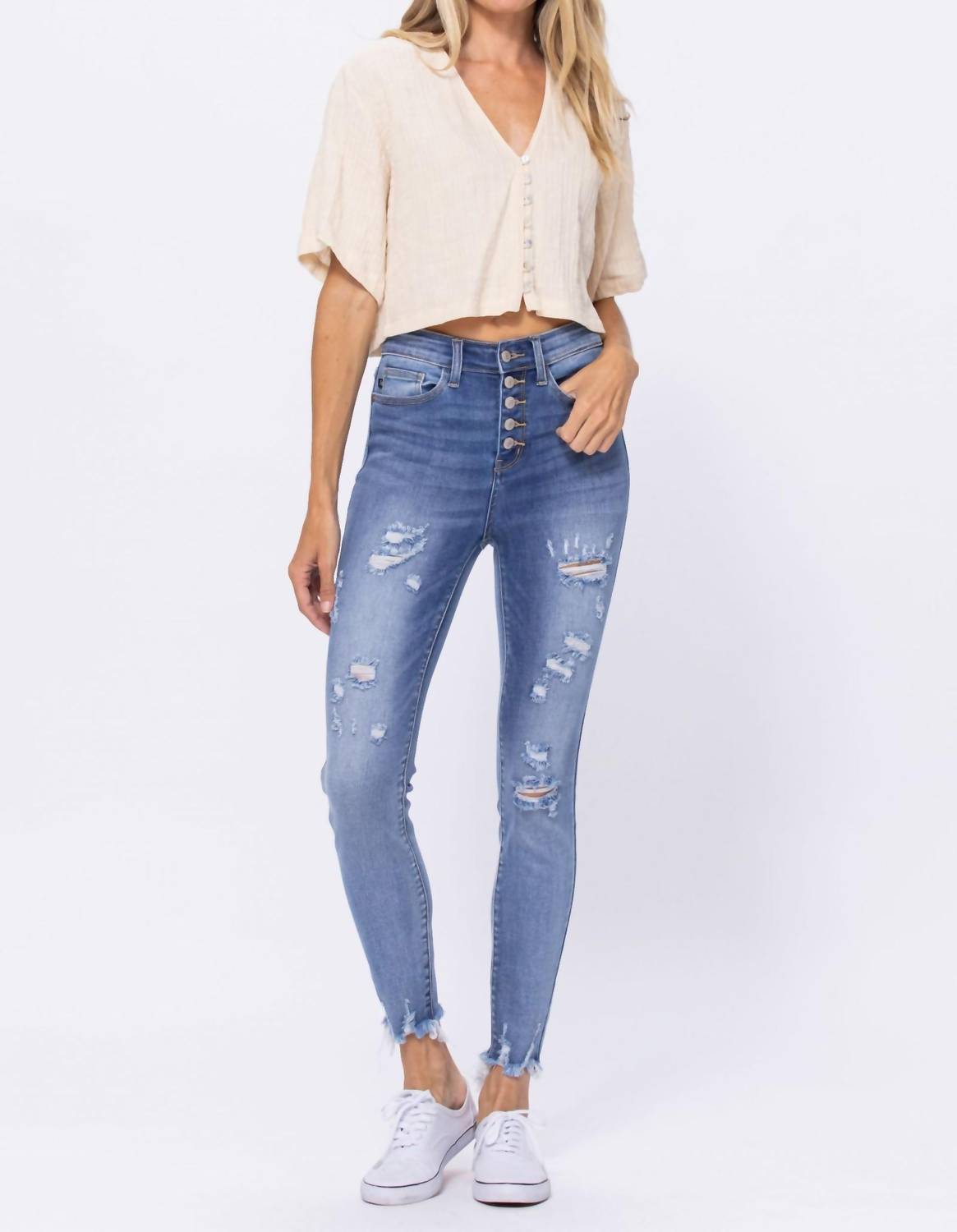 Judy Blue - High Waist Destroyed Button Fly Skinny Jeans