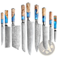 Damascus Chef Knife Set Blue Resin Handle 7 Piece