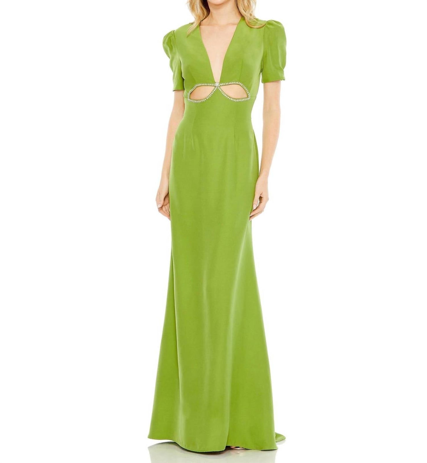 Mac Duggal - Plunge Neck Puff Sleeve Cut Out Gown
