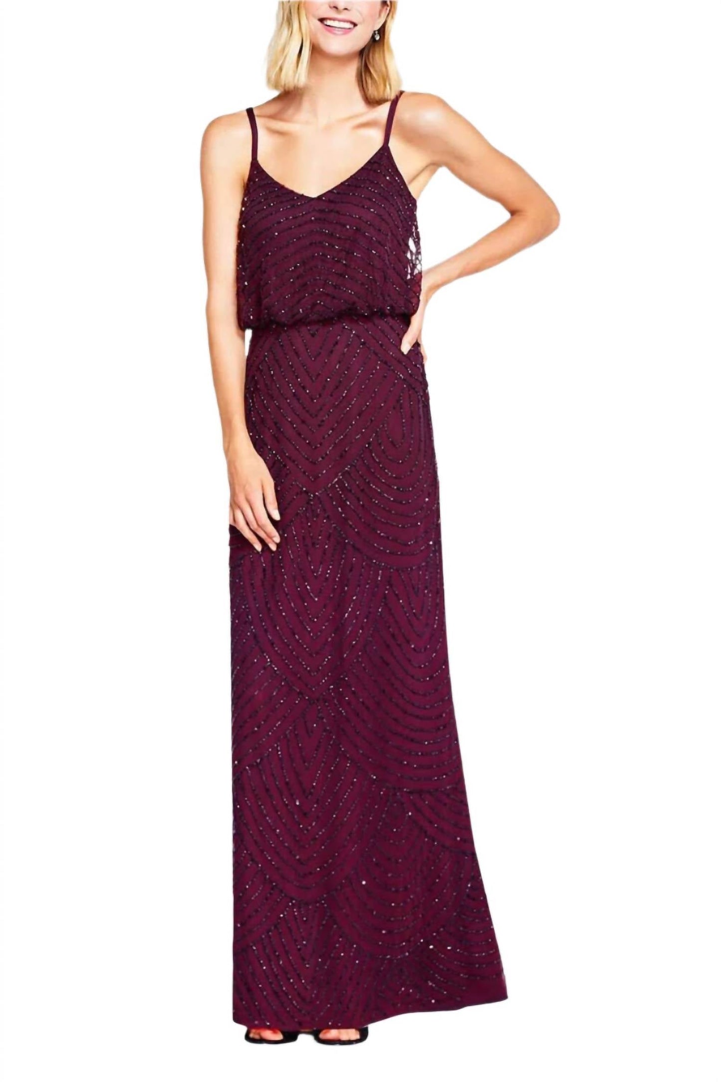 Adrianna Papell - Spaghetti Strap Blouson Embellished Mesh Dress