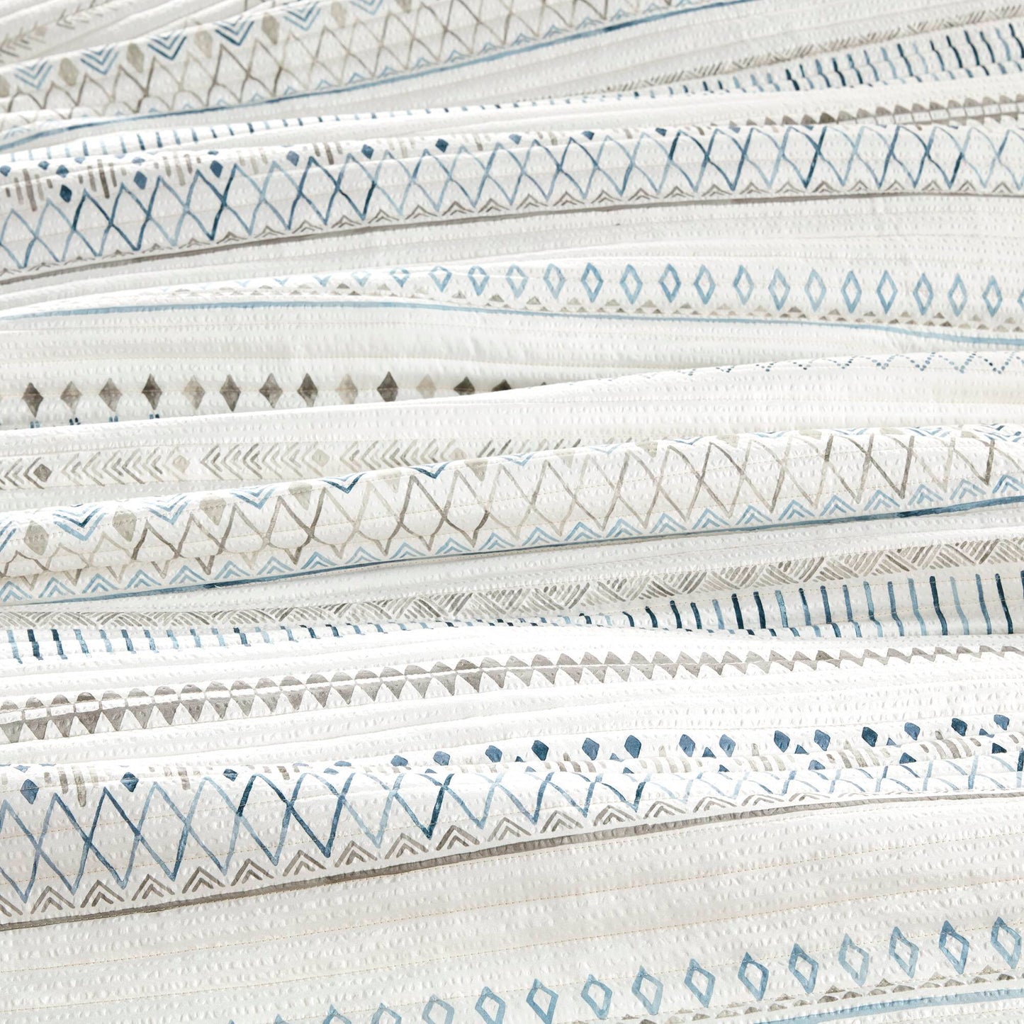 3 Piece Printed Microfiber Seersucker Quilt Set Taupe/Blue Full/Queen