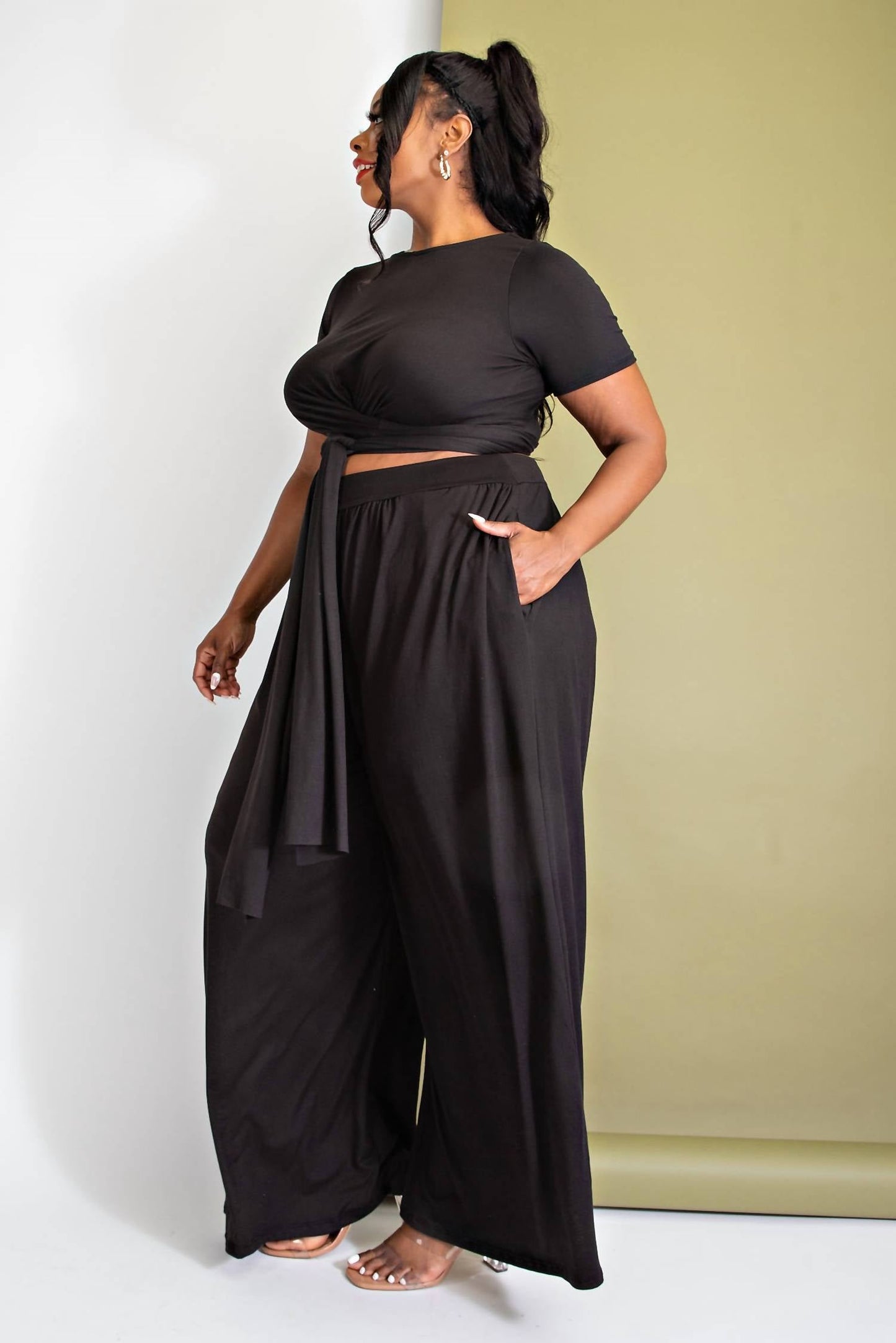 The Curve La - Plus Size Wrap Around Short Sleeve Top And Pants Set