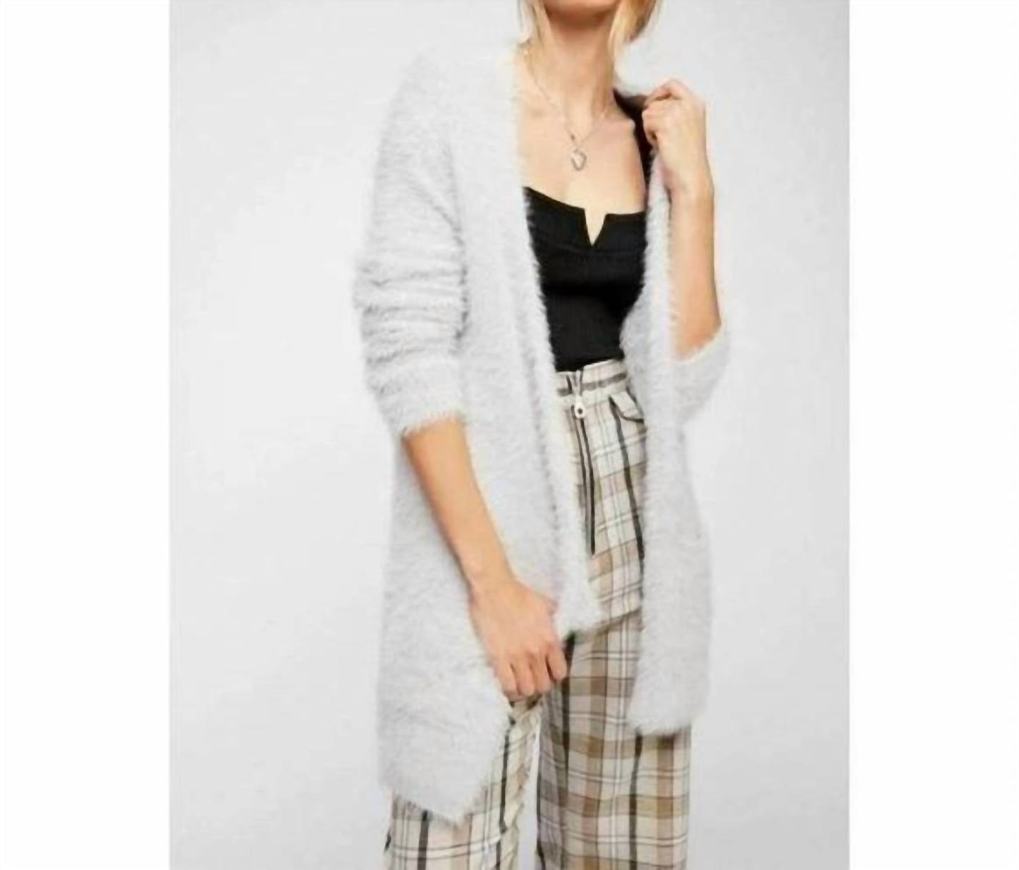 Free People - Fuzzy Eyelash Cozy Open Front Silver Cloud Cardigan