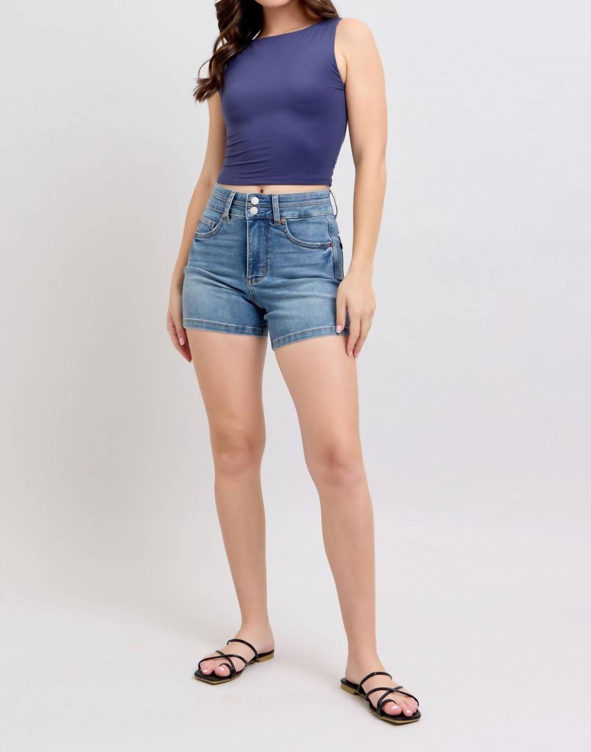 Judy Blue - High Waist Tummy Control Cool Denim Double Waistband Shorts