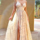 Star Embellished Deep v Slit Evening Gown