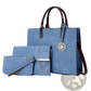Denim and Leather Three Piece Multi Compartment Handbag Set