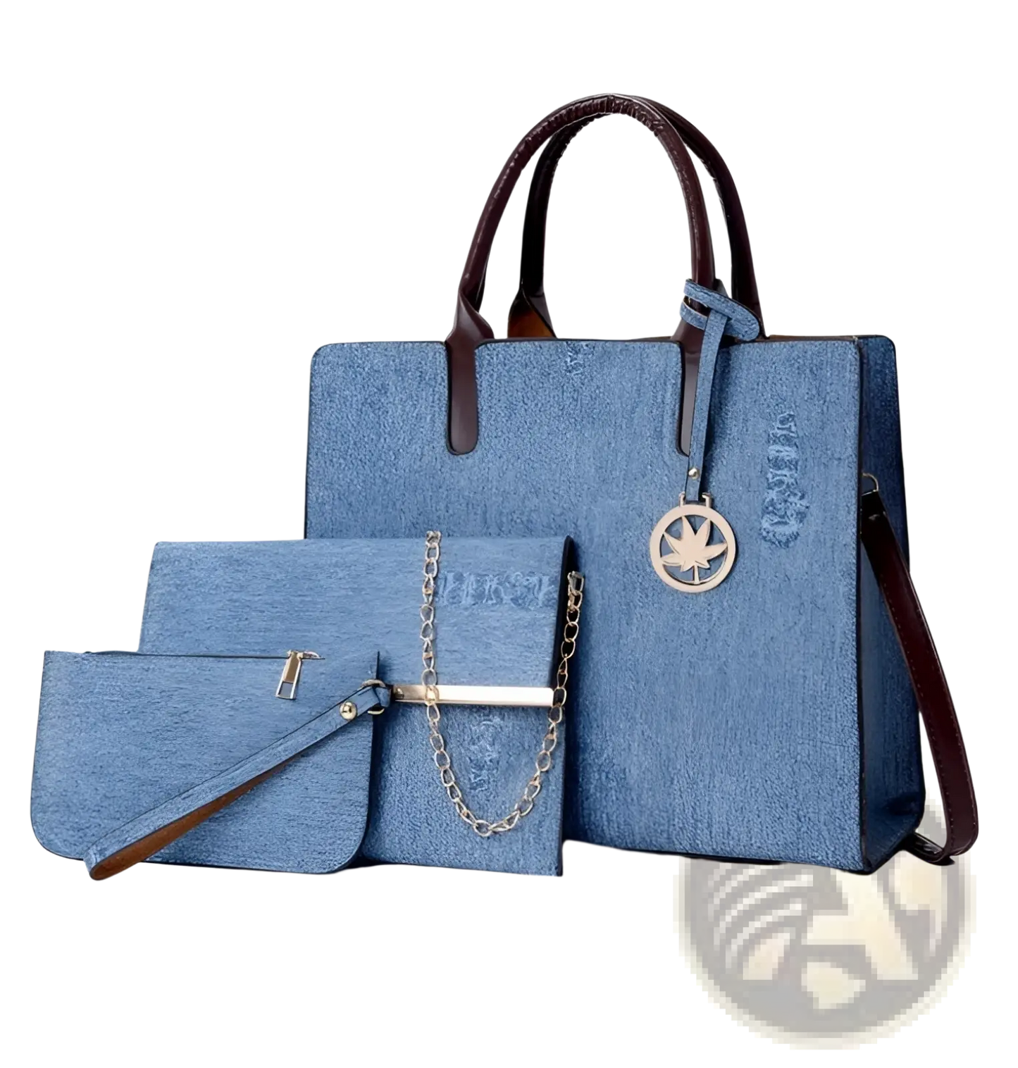 Denim and Leather Three Piece Multi Compartment Handbag Set