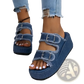 Denim Wedge Buckle Sandals Frayed Platform Shoes