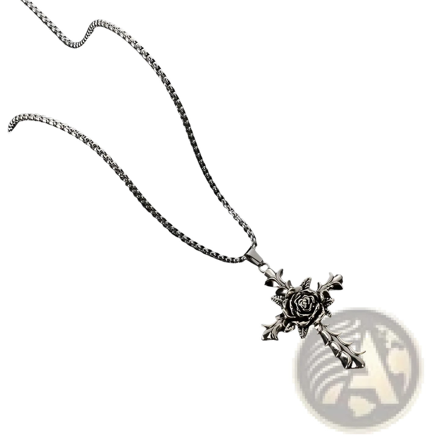 Detailed Silver Rose Cross Pendant Necklace