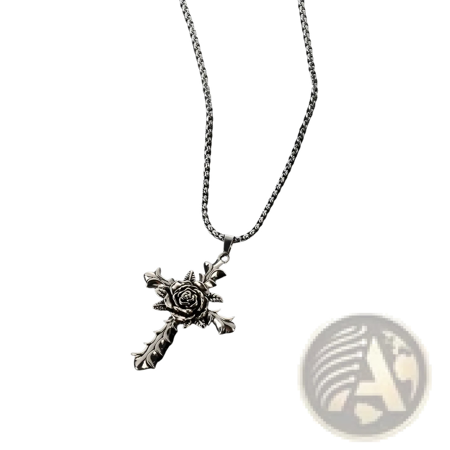 Detailed Silver Rose Cross Pendant Necklace