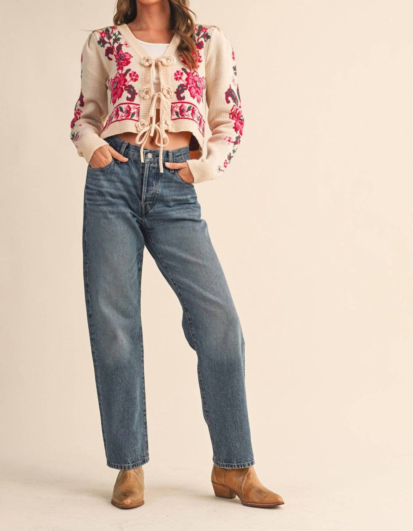 &Merci - Floral Knit Tie-front Sweater Cardigan