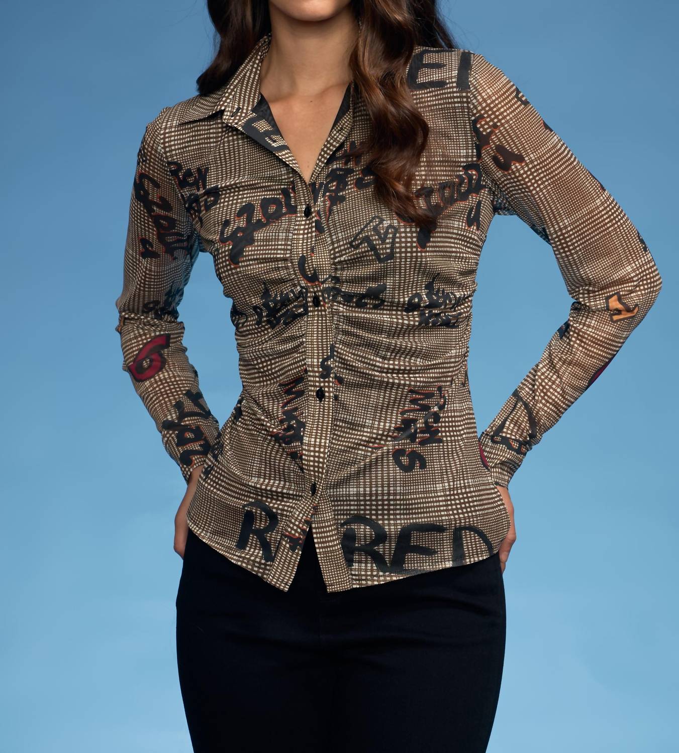 Oolala - Plaid/numbers Rouched Mesh Shirt