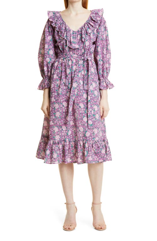 mille-june-floral-print-ruffle-cotton-dress-in-purple-rose-size-medium
