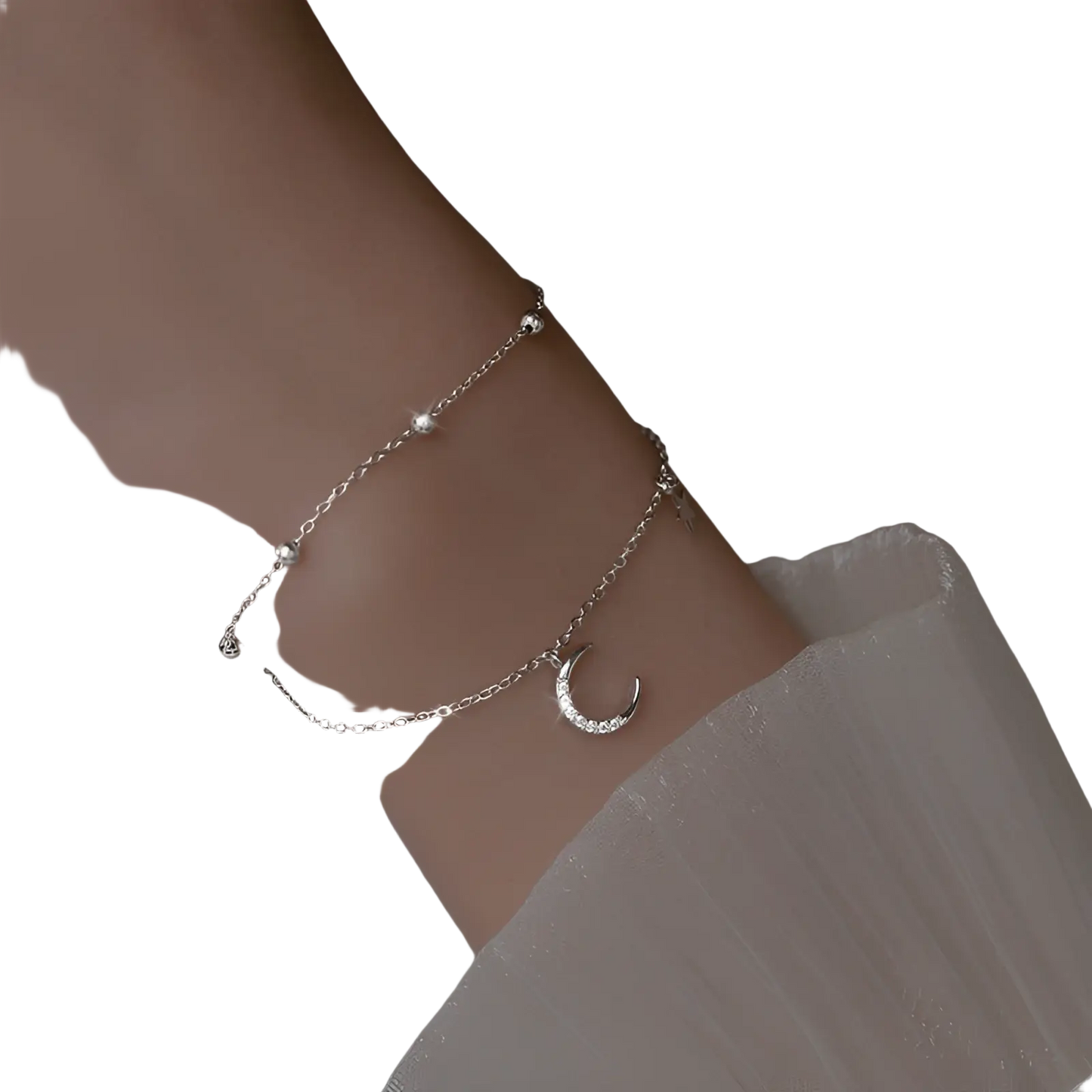 Double Layer Silver Moon and Star Crystal Anklet Bracelet