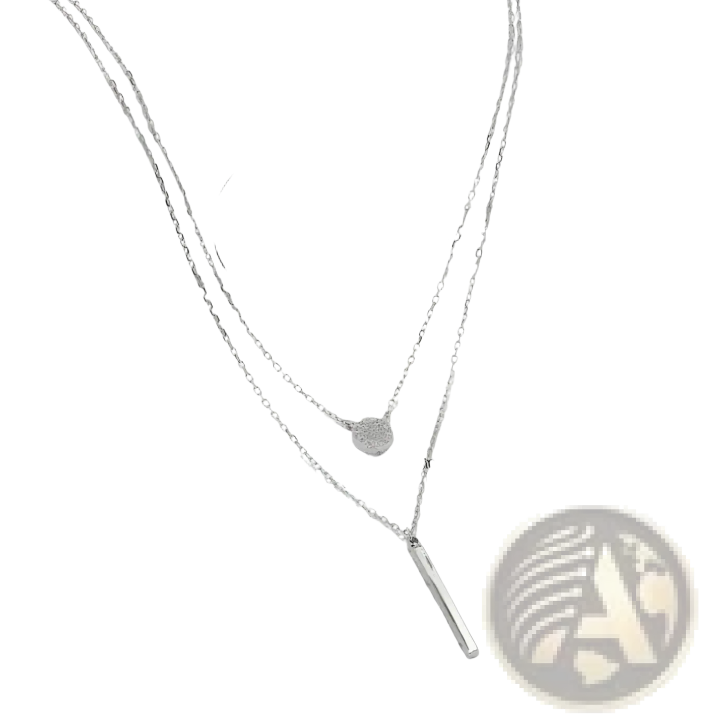 Double Layer Silver Pave Zircon Round and Bar Pendant Necklace