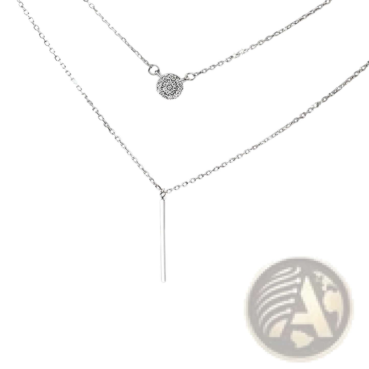 Double Layer Silver Pave Zircon Round and Bar Pendant Necklace