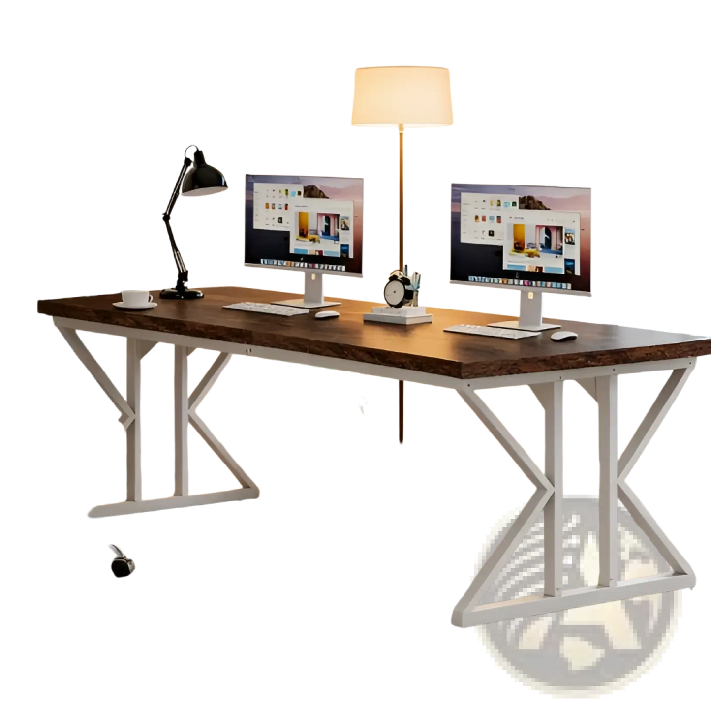Double Monitor Desk 78 Inch Two Person Dark Wood White x Leg