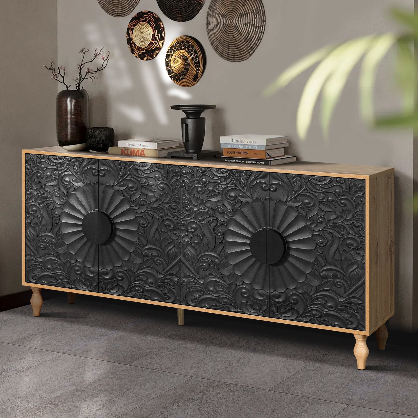 Black Carved Symmetrical Design Door And Wood Coloured Frame TV Stand