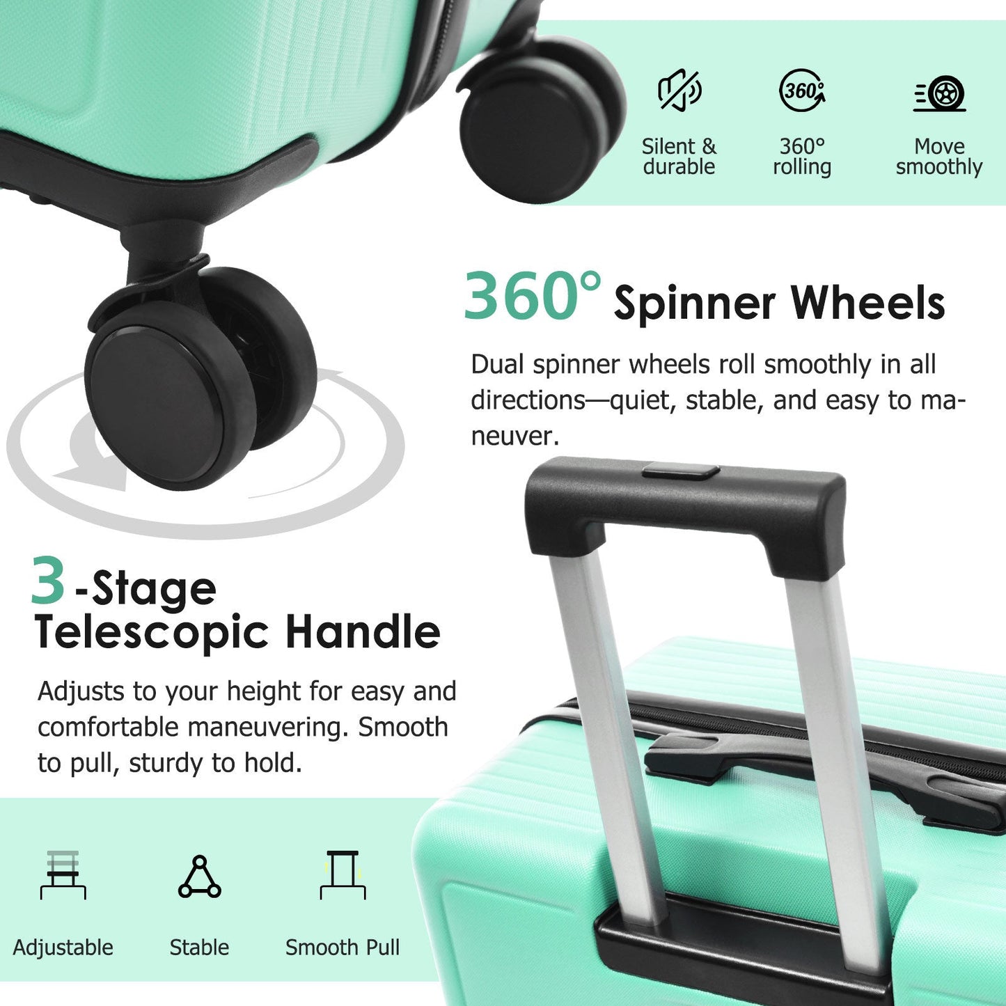 Luggage Set 3 Piece Lightweight Durable ABS Suitcases with Spinner Wheels and TSA Lock