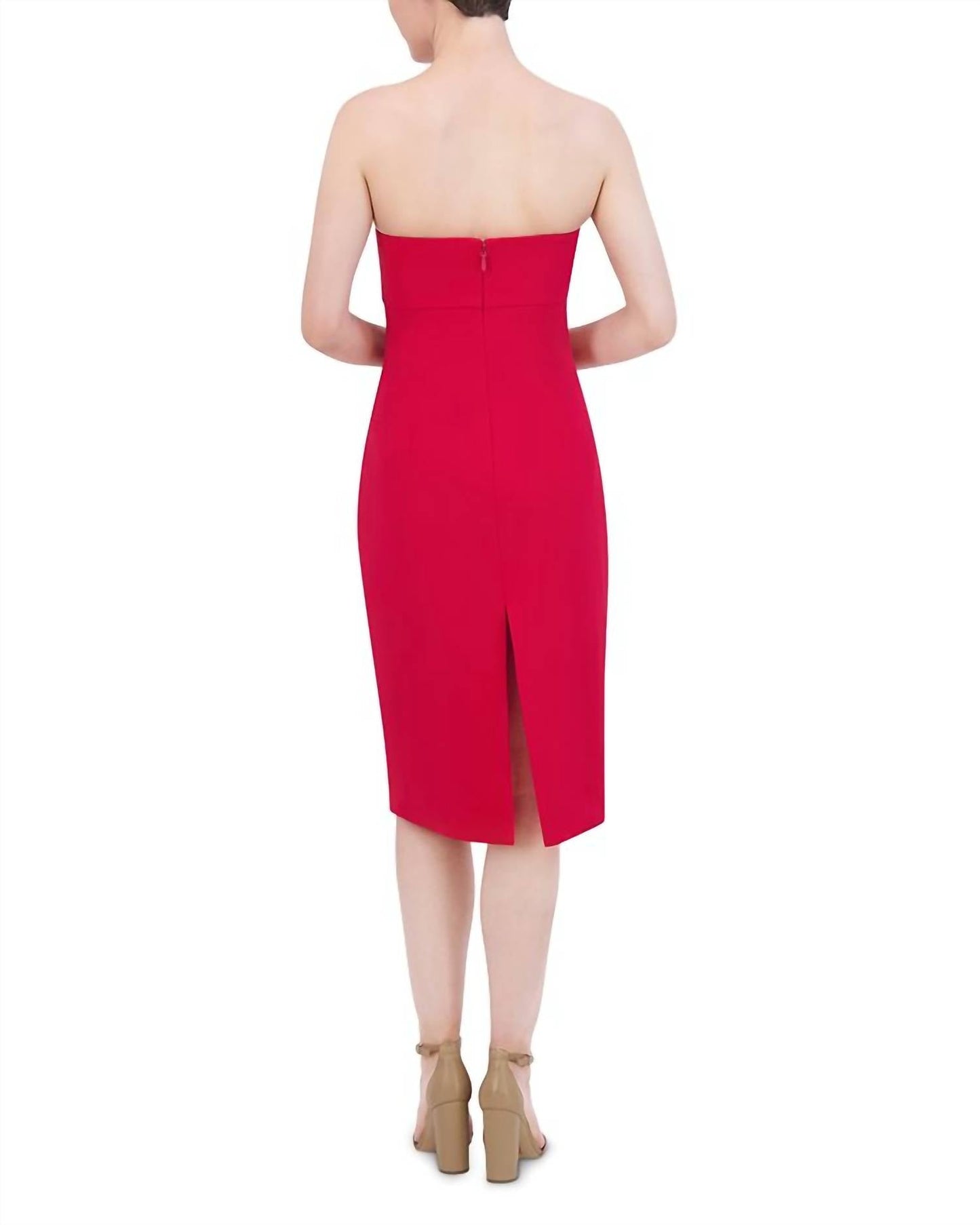 Bcbgmaxazria - स्ट्रैपलेस स्वीटहार्ट रफल फ्रंट मिडी ड्रेस